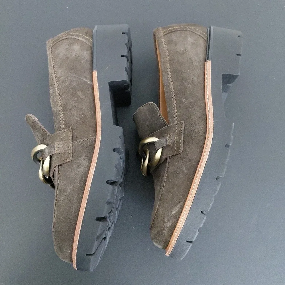 EARTH Lug Loafers Womens 9M Dark Khaki Etzalor Leather Chain Comfort Chic NEW - Picture 4 of 9
